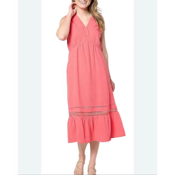 Bridgehampton Isaac Mizrahi Live gauze coral midi dress large petite - Picture 1 of 12